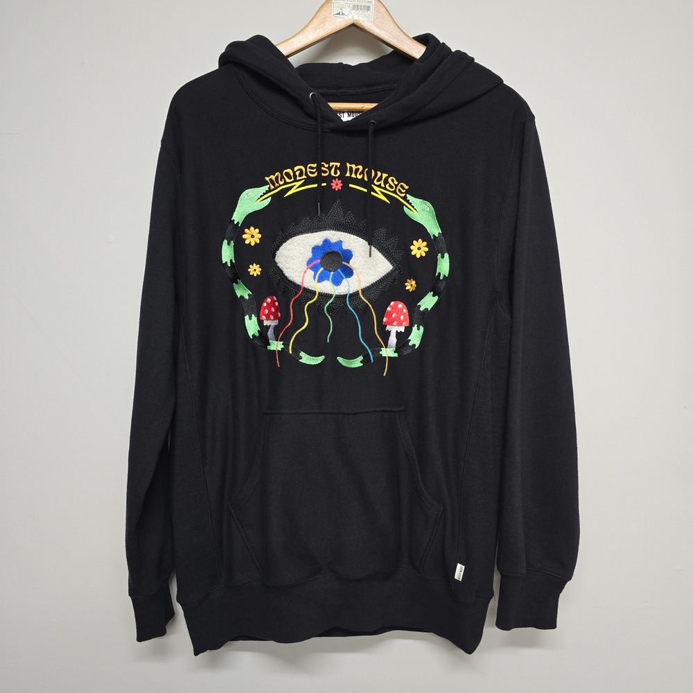 Modest Mouse Hoodie Mens Large Black Embroidered Mushroom Snake Eye Indie Boho